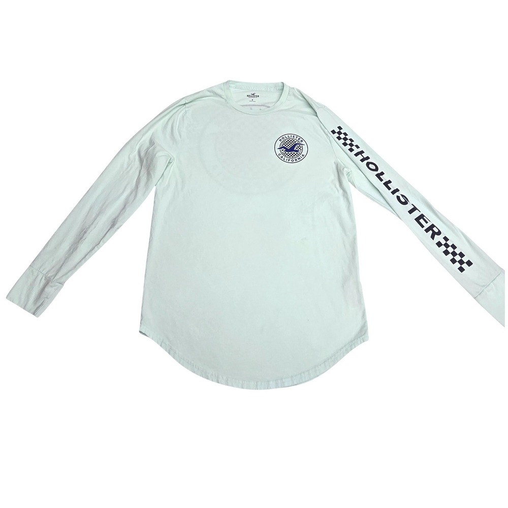 Hollister Mens Long Sleeve Graphic Tee Mint Green Checkered Logo Shirt Medium